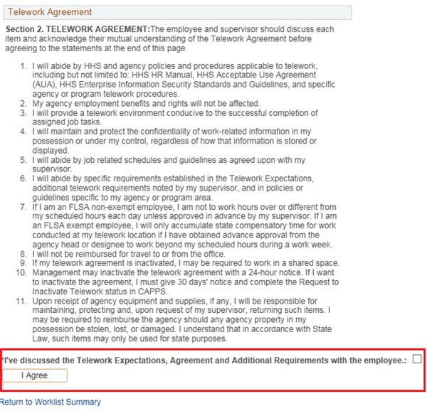 Image of the Telework Agreement page that the employee receives with the statement of compliance and the I Agree button highlighted.