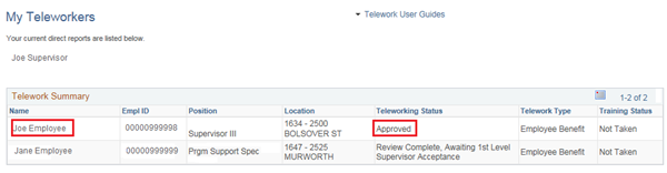Image of the My Teleworkers page that lists a manager's direct reports that Telework.