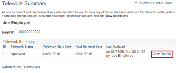 Image of the Telework Summary page that lists a manager's direct reports that have requested Telework. The View Details link is highlighted.