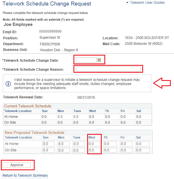 Image of the Telework Schedule Change Request page with the Schedule Change Date and Schedule Change Reason highlighted.