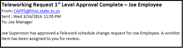 Image of the workflow email indicating that the Telework Schedule Change Request has been approved.