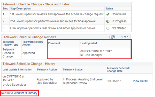 Image of the Telework Schedule Change Steps and Status With the comments section and last updated timestamp highlighted.