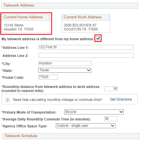 Image of the employee's Telework address page with the current home address highlighted along with the checkbox indicating that the Telework address and the Work address are not the same.
