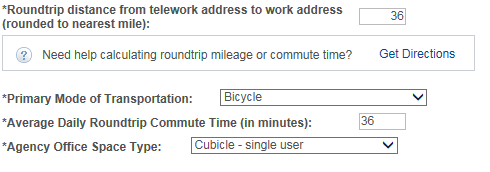Image of the Telework details page indicating distance employee must travel to workplace, mode of transportation, round trip distance and Agency space used.