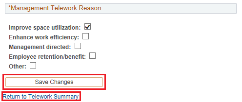 Image of the Management Telework Reason page with the Save changes button highlighted.