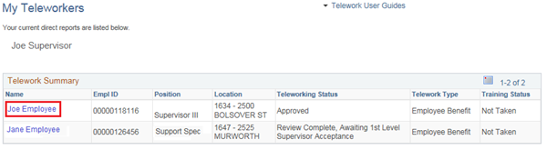Image of the My Teleworkers page displaying a list of all of the manager's direct reports enrolled in Telework.