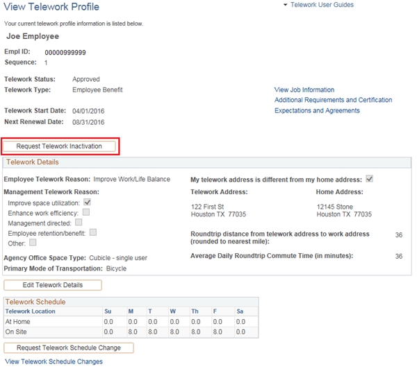 Image of the View Telework Profile page where a manager can Request Telework Inactivation, Edit Telework Details or Request a Telework Schedule Change.