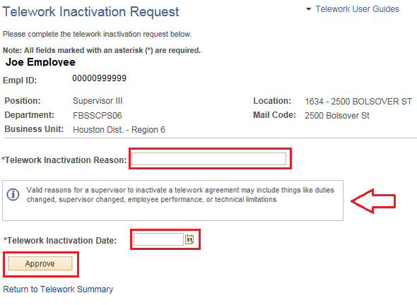 Image of the Telework Inactivation Request pagewith the Telework Inactivation Reason and Telework Incativation Date highlighted.