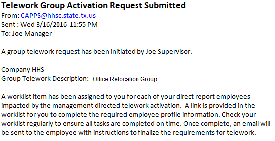 Image of the Telework Group Activation Request email.