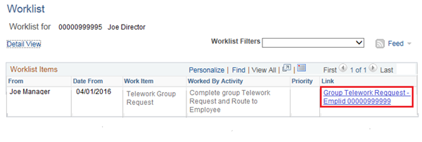 Image of the Manager Worklist page with the link to the Telework request highlighted.