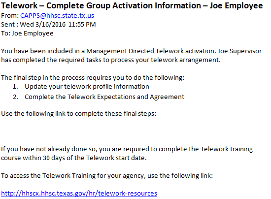 An image of the Telework Complete Group Activation Information employee workflow email.