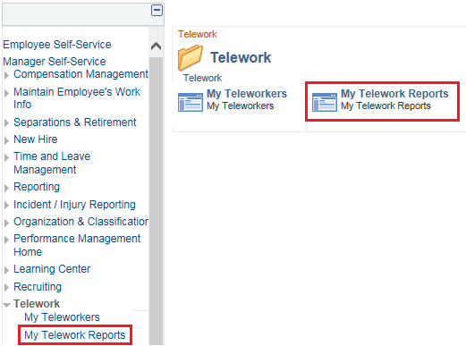 Image of the Manager Self Service menu with the Telework links highlighted.