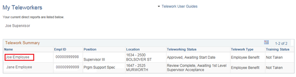 Image of the My Teleworkers page listing direct reports enrolled in Teleworking.