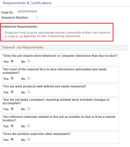 Image of the Telework Requirements and Certifications page listing additional requirements for the Teleworking position.