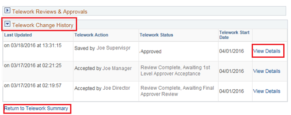 Image of the page that, when the option is expanded, displays the Telework change history.