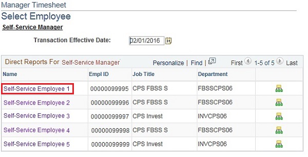 Image of the Manager Timesheet Select Employee page. The image shows a highlighted box around an employee name.