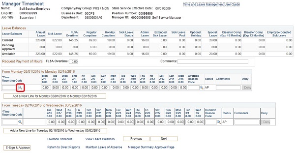 Image of the Manager Timesheet page. The image shows a highlighted box around the Time Reporting Code search icon.