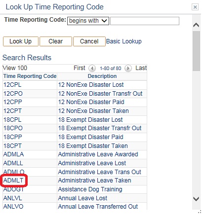 Image of the Look Up Time Reporting Code window. The image shows a highlighted box around the code ADMLT.