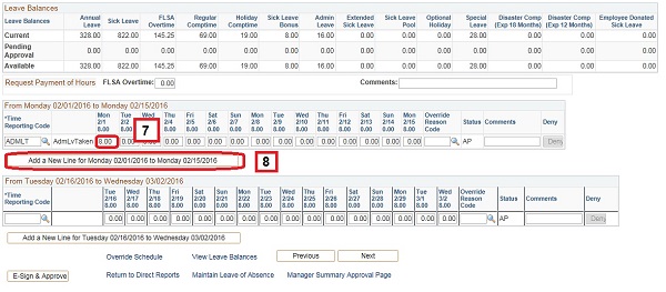 Image of the Manager Timesheet page. The image shows highlighted boxes around a field for entering hours and the Add a New Line button.