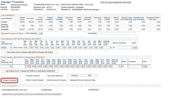 Image of the Manager Timesheet page. The image shows a highlighted box around the E-Sign & Approve button.