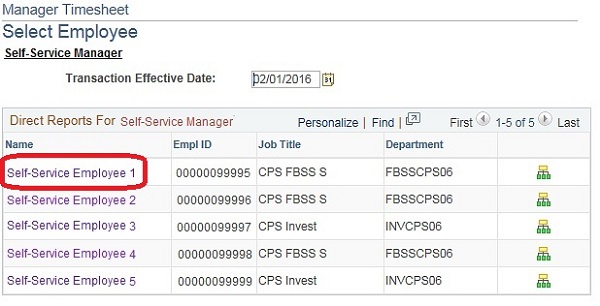 Image of the Manager Timesheet Select Employee page. The image shows a highlighted box around an employee name.