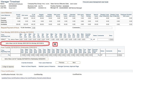 Image of the Manager Timesheet page. The image shows highlighted boxes around the Deny button and the Add a New Line button.