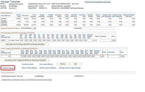 Image of the Manager Timesheet page. The image shows a highlighted box around the E-Sign & Approve button.