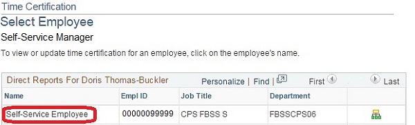 Image of the Time Certification Select Employee page. The image shows a highlighted box around an employee name.