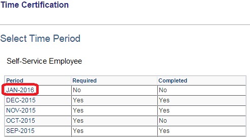 Image of the Time Certification Select Time Period page. The image shows a highlighted box around the period MAR-2012.