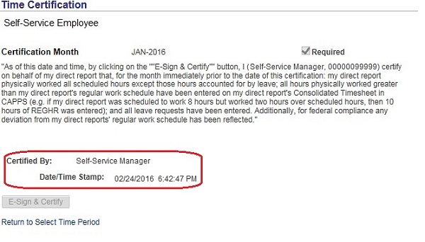 Image of the Time Certification page. The image shows a highlighted box around the Certified By and Date/Time Stamp fields.