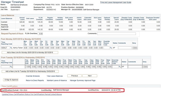 Image of the Manager Timesheet page. The image shows a highlighted box around the Certification Period, Certified by, and Certified on fields.