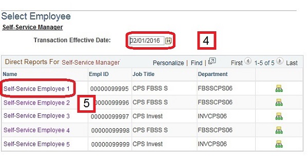 Image of the Select Employee page. The image shows a highlighted box around the Transaction Effective Date field and an employee name.
