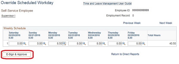 Image of the Override Scheduled Workday page. The image shows a highlighted box around the E-Sign & Approve button.