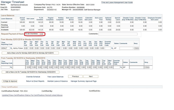 Image of the Manager Timesheet page. The image shows a highlighted box around the FLSA Overtime field.