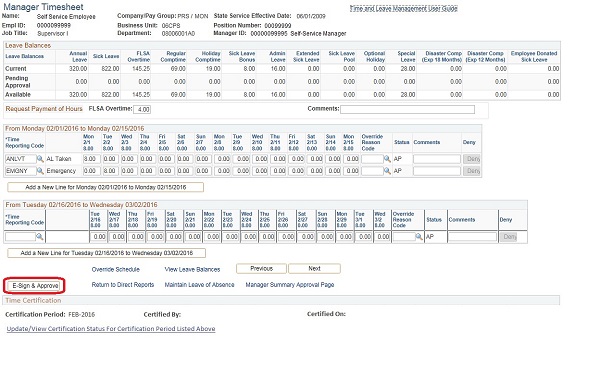 Image of the CAPPS Manager Timesheet page. The image shows a highlighted box around the E-Sign & Approve button.