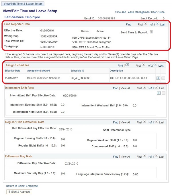 Image of the View/Edit Time & Leave Setup page. The image shows highlighted boxes around the Time Reporter Data area and the Assign Schedules area.