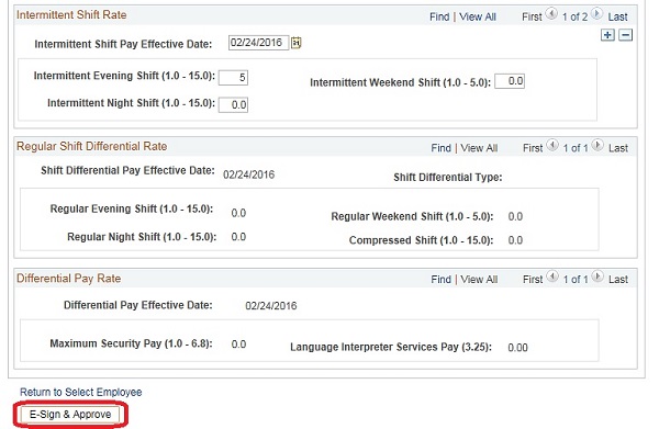 Image of the Intermittent Shift Rate, Regular Shift Differential Rate, and Differential Pay Rate areas of the View/Edit Time & Leave Setup page. The image shows a highlighted box around the E-Sign & Approve button.