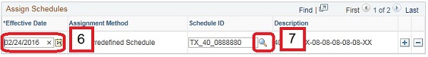 Image of the Assign Schedules are of the View/Edit Time & Leave Setup page. The image shows highlighted boxes around the Effective Date field and the Schedule ID search icon.