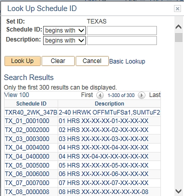 Image of the Look Up Schedule ID window.