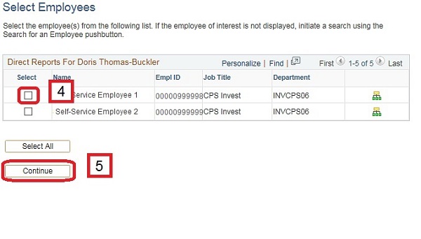 Image of the Select Employee page. The image shows highlighted boxes around a checkbox in the Select column and the Continue button.