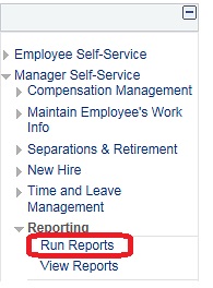 Image of the left navigation of the home page with the Manager Self-Service menu expanded and then the Reporting menu expanded. The image shows a highlighted box around the Run Reports link.