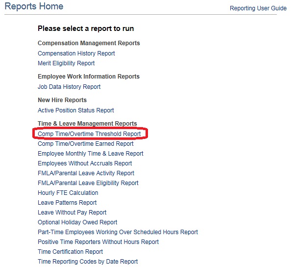 Image of the Reports Home page. The image shows a highlighted box around the Comp Time/Overtime Threshold Report link.