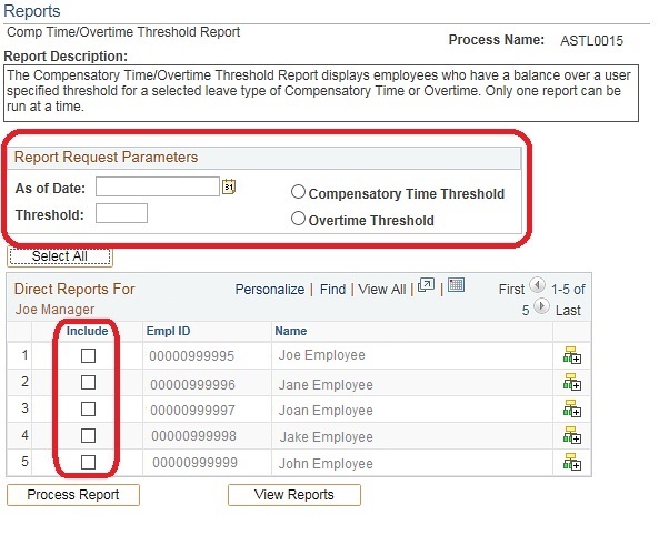 Image of the Comp Time/Overtime Threshold Report page. The image shows highlighted boxes around the Report Request Parameters section and the Include column in the Direct Reports section.