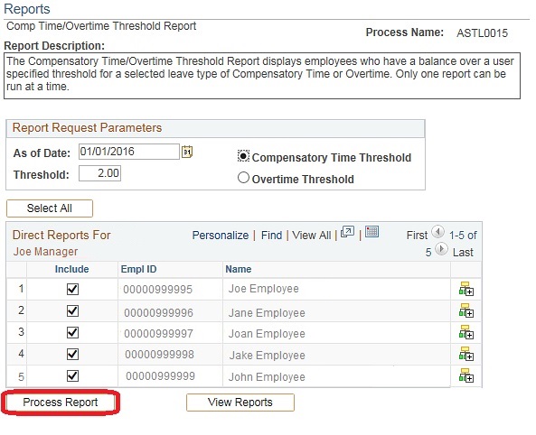 Image of the Comp Time/Overtime Threshold Report page. The image shows a highlighted box around the Process Report button.