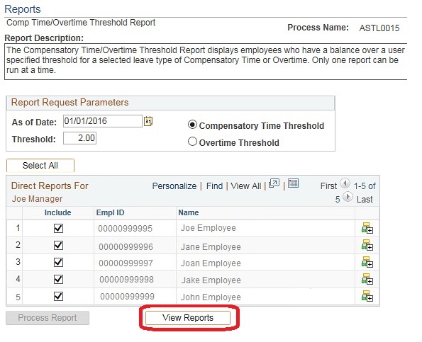Image of the Comp Time/Overtime Threshold Report page. The image shows a highlighted box around the View Reports button.