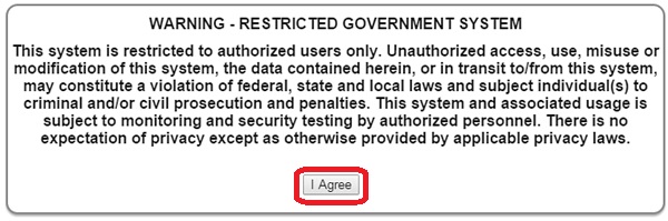 Image of the Warning page. The image shows a highlighted box around the I Agree button