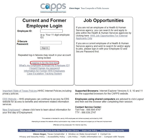 Image of the Login page. The image shows a highlighted box around the Logging in for the first time link.