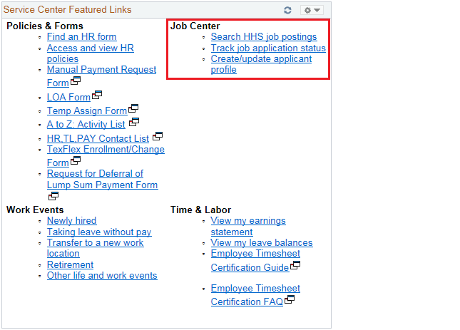 The Service Center Featured Links section of the CAPPS Home page is displayed. The red box highlights the Job Center section.