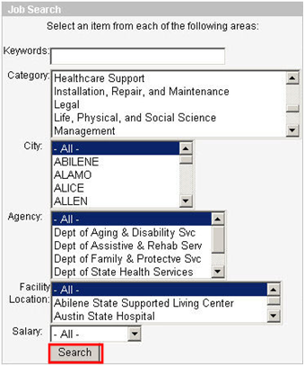 Image of the Job Search criteria box. A red box around the Search button is displayed.