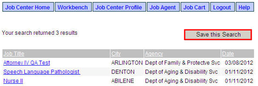 The Job Search results screen is displayed. The red box highlights the Save this Search button.